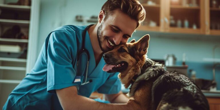 Veterinarian gently checks a dog’s ribs while an owner watches beside a measuring cup.